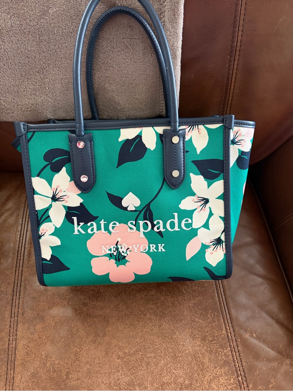 kate spade Green Floral Canvas Tote with Navy Trim